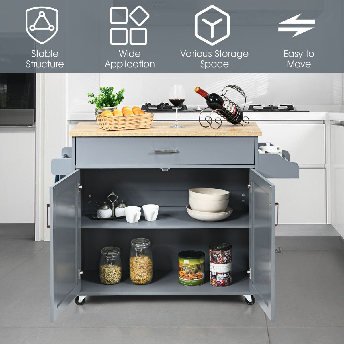 NNECW Kitchen Island Cart with Lockable Rubber Casters for Kitchen-Grey