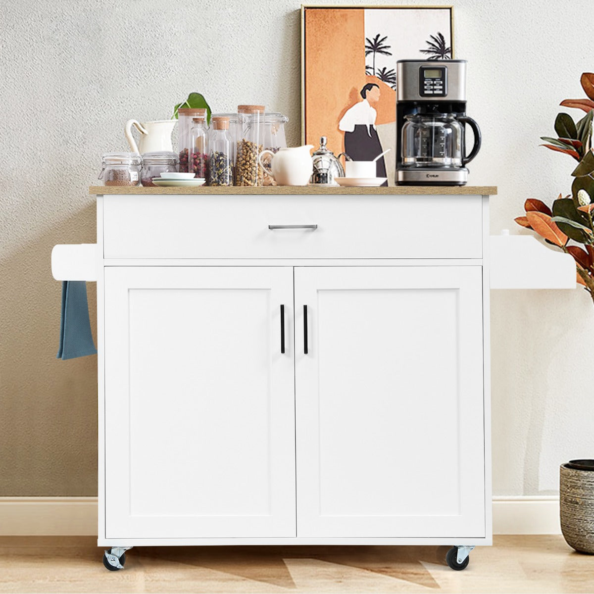 NNECW Portable Kitchen Island with Lockable Rubber Casters for Kitchen